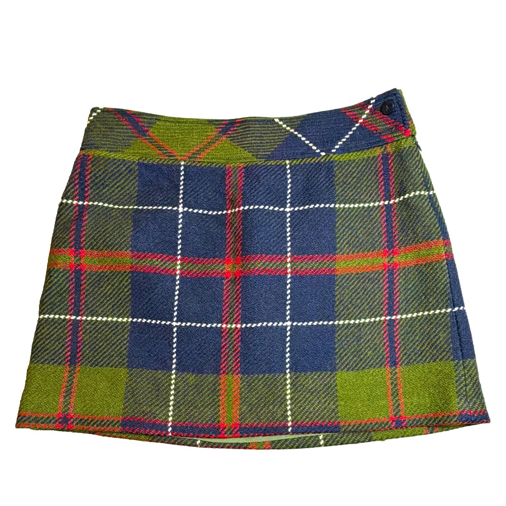 J.CREW Women's Plaid 100% Wool Tweed Mini Skirt Green Navy Red Lined Size 8